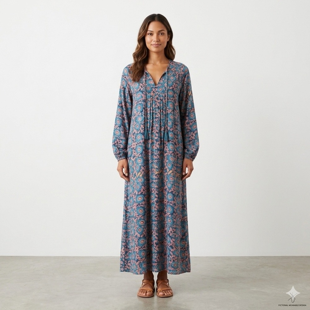 Natural Life Teal Pink Floral Boho Maxi Dress Long Sleeve Tassel Size Large
